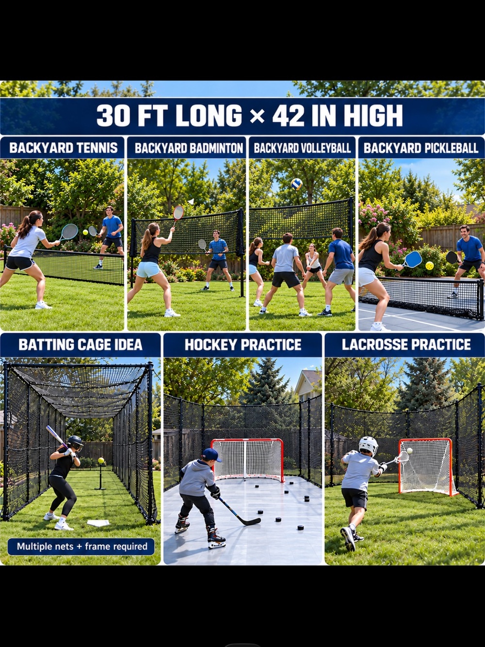 30 ft X 42” Sports Netting/ barrier - Black Backyard Game Net